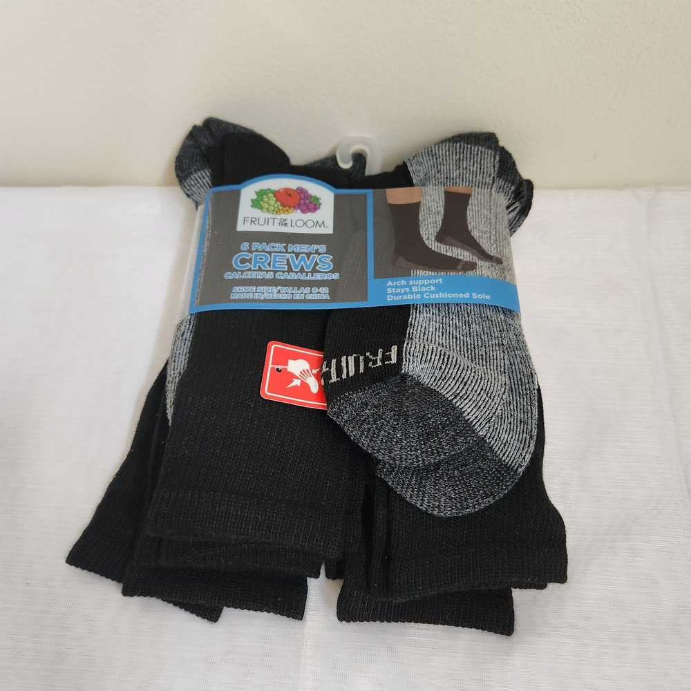Fruit Of the Loom Crew Socks Men's 6-12 Black Arch Support Cushioned Sole 6-Pack